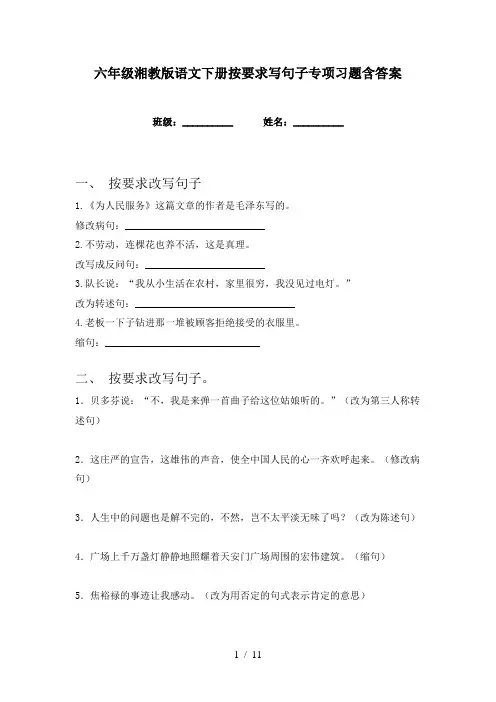 六年级湘教版语文下册按要求写句子专项习题含答案
