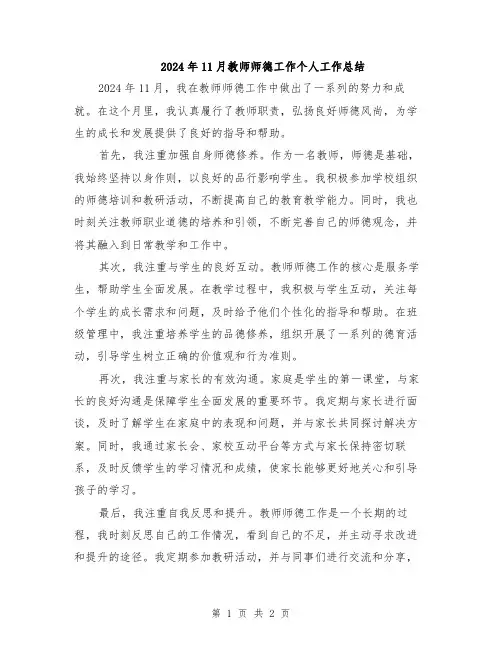 2024年11月教师师德工作个人工作总结