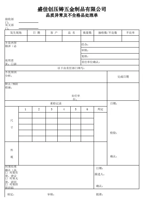 品质异常及不合格品处理单