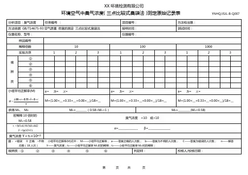 环境空气中臭气浓度(三点比较式臭袋法)测定原始记录表