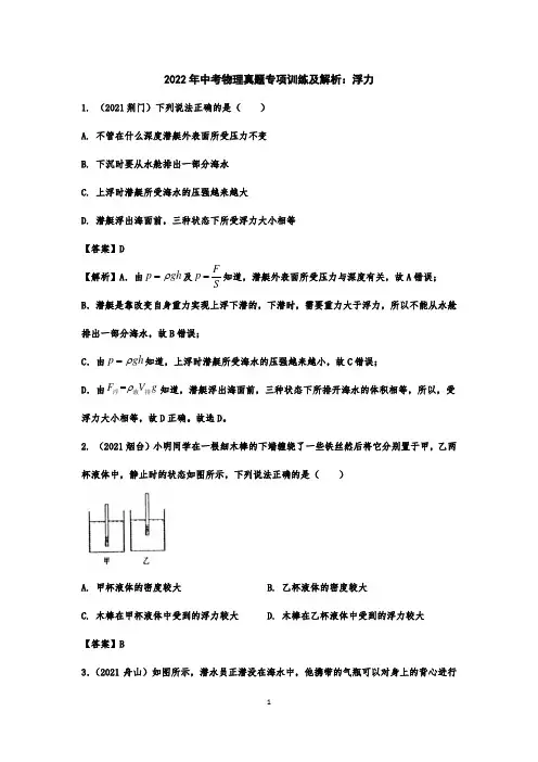 2022年中考物理真题专项训练及解析：浮力