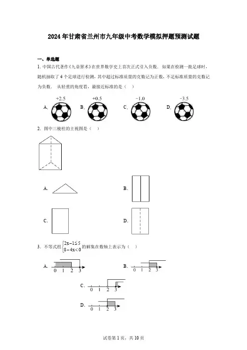 2024年甘肃省兰州市九年级中考数学模拟押题预测试题