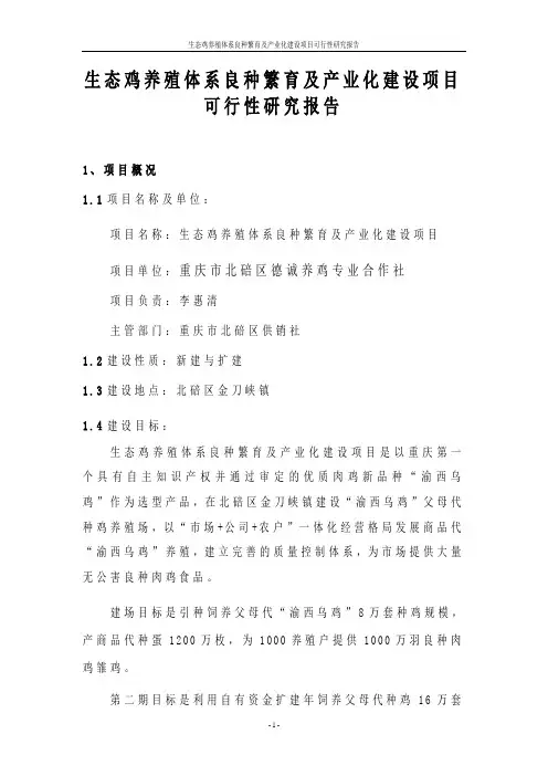 生态鸡养殖体系良种繁育及产业化项目可行性分析报告
