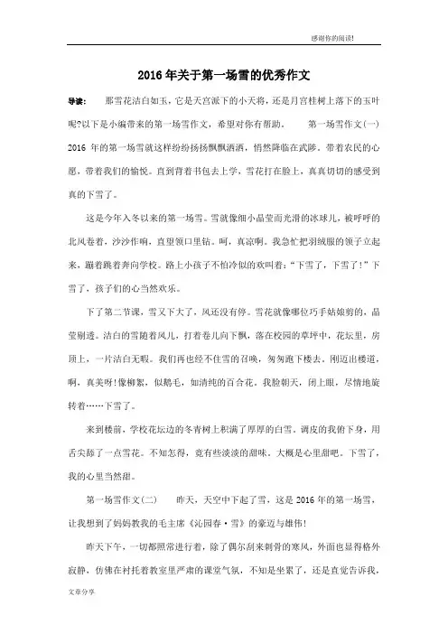 2016年关于第一场雪的优秀作文