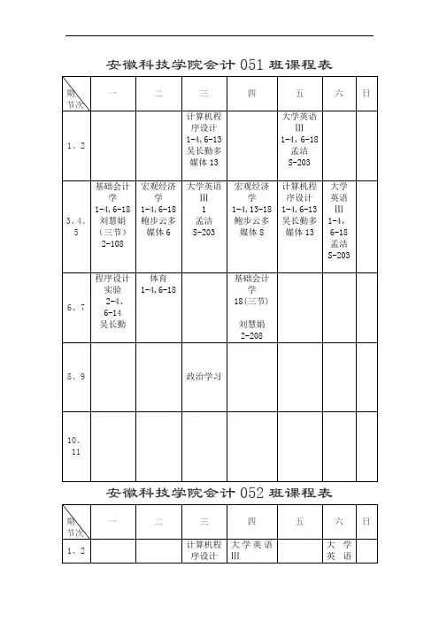 安徽科技学院会计051班课程表