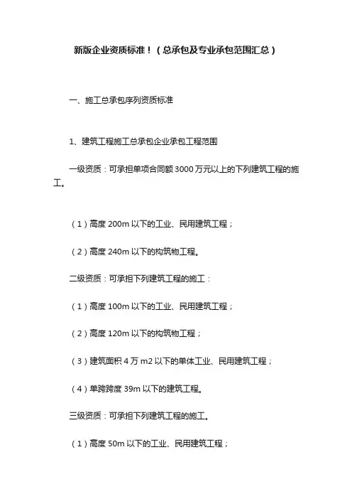 新版企业资质标准！（总承包及专业承包范围汇总）