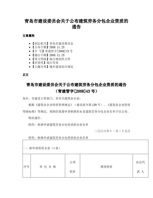 青岛市建设委员会关于公布建筑劳务分包企业资质的通告