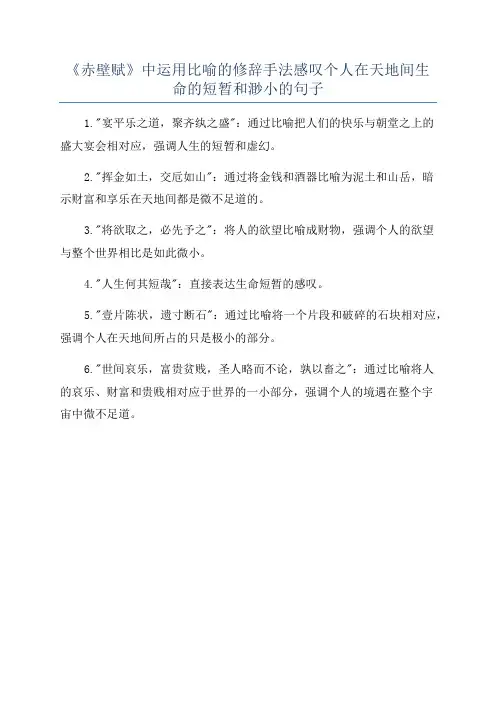 《赤壁赋》中运用比喻的修辞手法感叹个人在天地间生命的短暂和渺小的句子