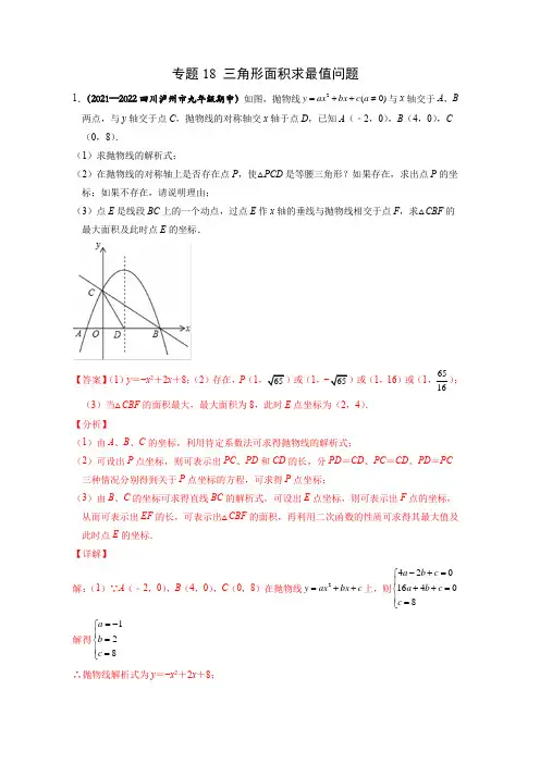 专题18 三角形面积求最值问题-2022年中考数学之二次函数重点题型专题(全国通用版)(解析版)