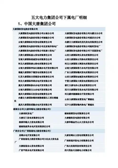 五大电力集团公司下属电厂明细资料