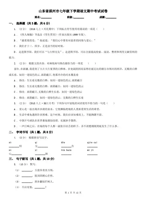 山东省滨州市七年级下学期语文期中考试试卷