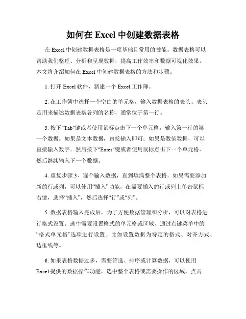 如何在Excel中创建数据表格