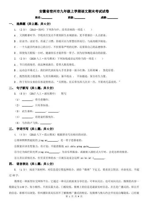 安徽省宿州市九年级上学期语文期末考试试卷