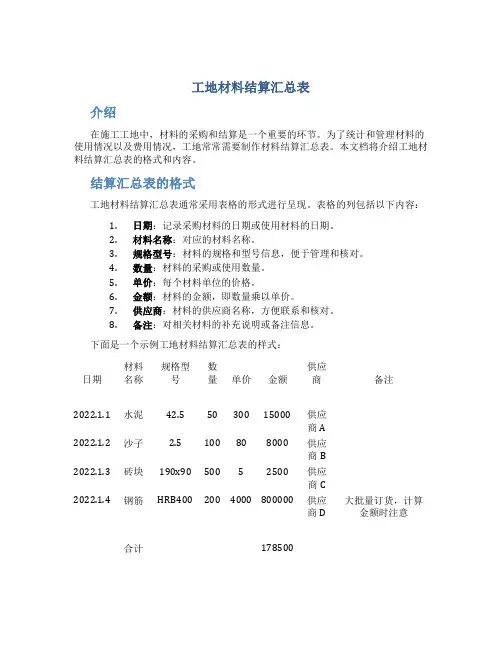 工地材料结算汇总表