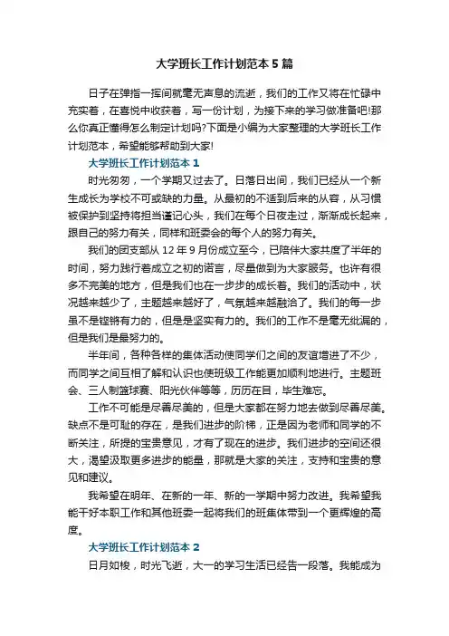 大学班长工作计划范本5篇