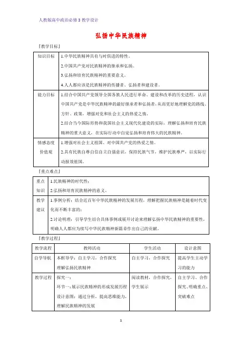 高中政治必修3教学设计14：7.2 弘扬中华民族精神教案
