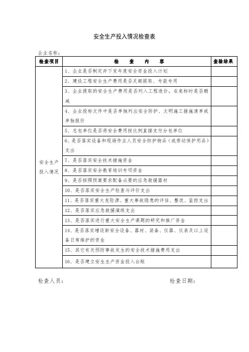 安全生产投入情况检查表