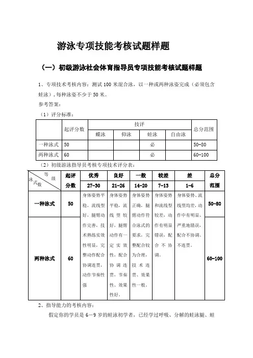 游泳社体技能考核试题样题
