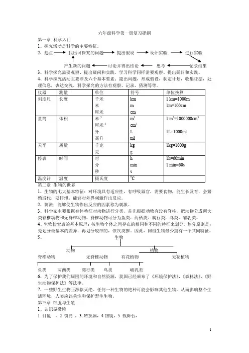 六年级科学第一册复习提纲