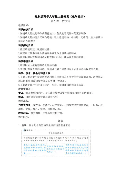 《放大镜》教案教学设计【科学六年级上册教科版】