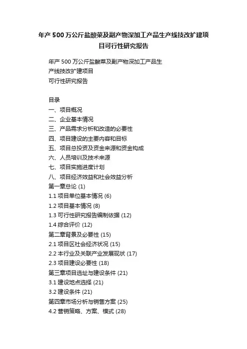 年产500万公斤盐酸菜及副产物深加工产品生产线技改扩建项目可行性研究报告