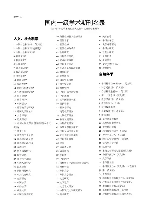 国内一级学术期刊名录