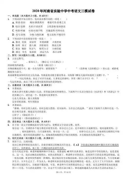 2020年河南省实验中学中考语文三模试卷