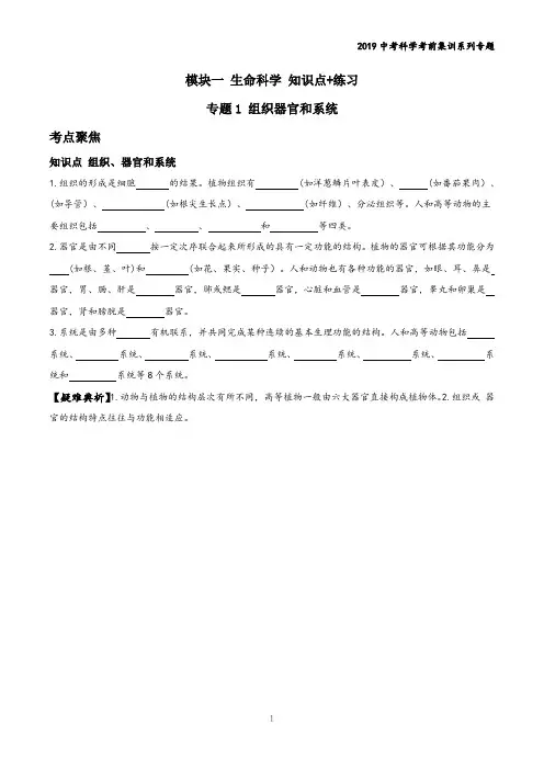 2019中考科学考前集训系列(模块一生命科学 知识点+练习)专题3组织器官和系统