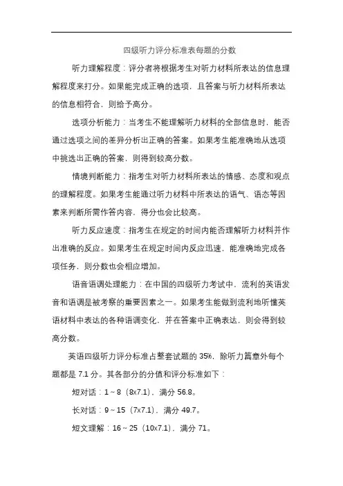 四级听力评分标准表每题的分数