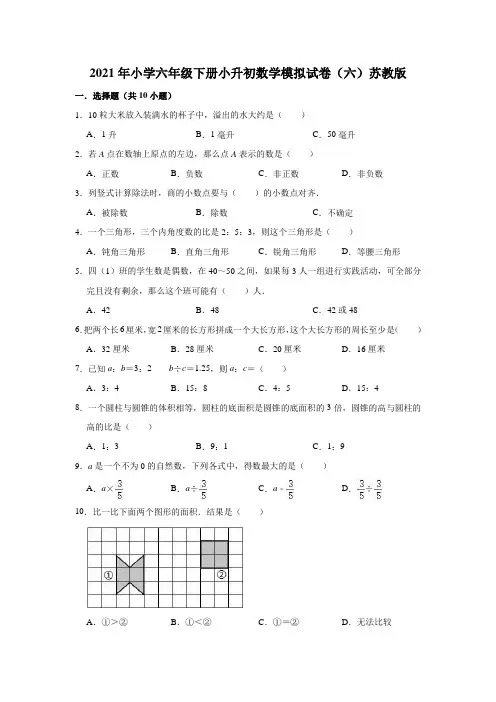 2021年小学六年级下册小升初数学模拟试卷(六)苏教版(有答案)