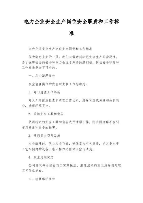 电力企业安全生产岗位安全职责和工作标准