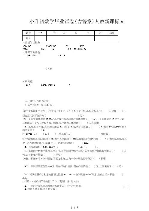 小升初数学毕业试卷(含答案)人教新课标