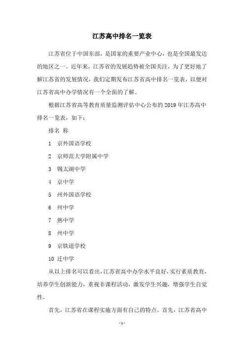 江苏高中排名一览表