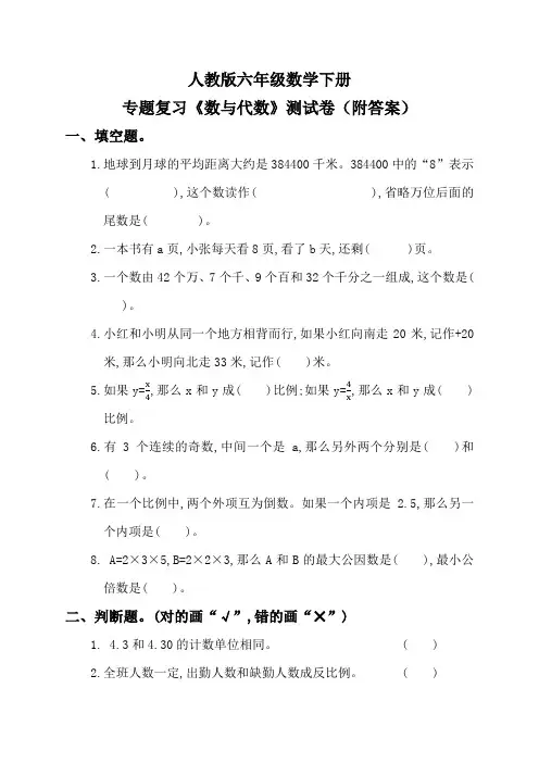 人教版六年级数学下册专题复习《数与代数》测试卷(附答案)