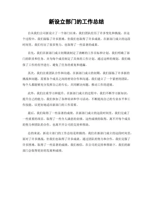 新设立部门的工作总结