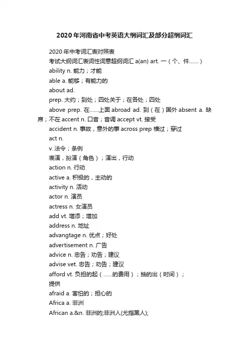 2020年河南省中考英语大纲词汇及部分超纲词汇