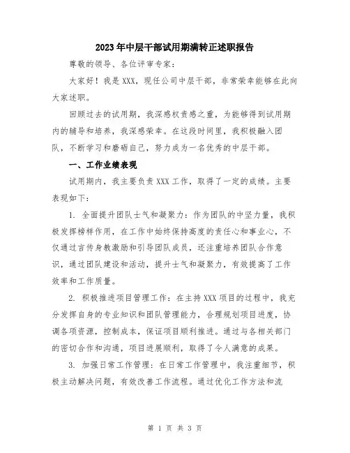 2023年中层干部试用期满转正述职报告
