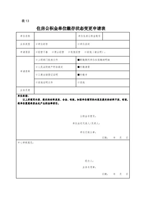 住房公积金单位缴存状态变更申请表