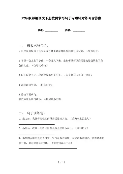 六年级部编语文下册按要求写句子专项针对练习含答案