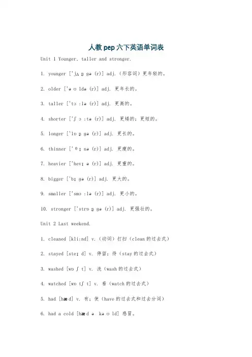 人教pep六下英语单词表
