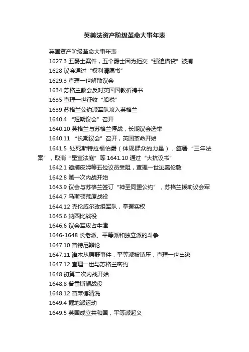 英美法资产阶级革命大事年表