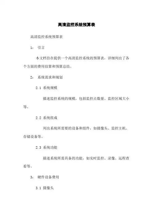 高清监控系统预算表