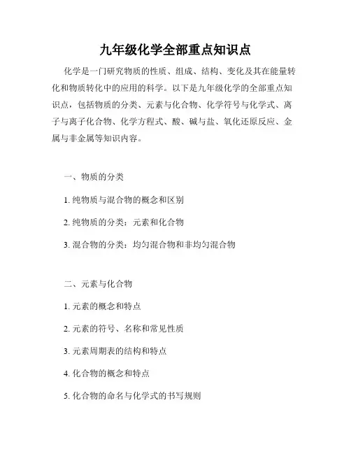九年级化学全部重点知识点