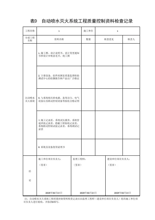 自动喷水灭火系统工程质量控制资料检查记录