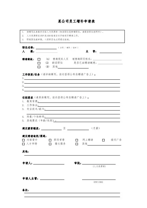 某公司员工增补申请表
