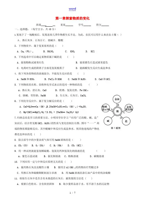 九年级科学上册 第一章 探索物质的变化试题 浙教版