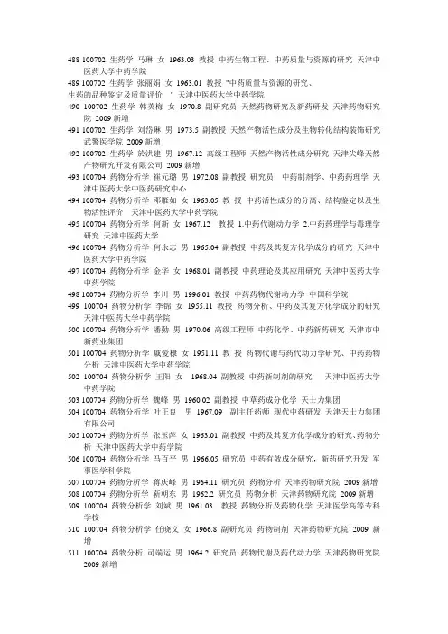 天津中医药大学中药学硕士生导师名单