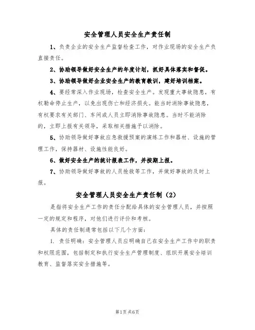 安全管理人员安全生产责任制(5篇)