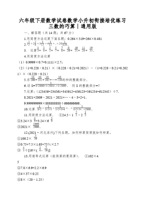 六年级下册数学试卷数学小升初衔接培优练习三数的巧算∣通用版