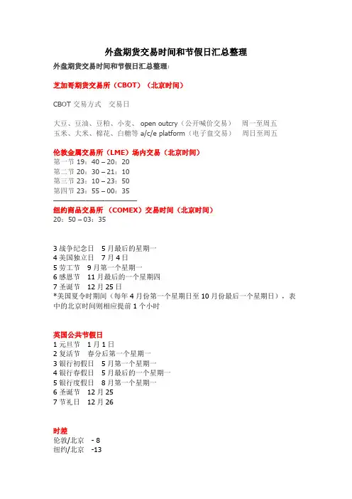 外盘期货交易时间和节假日汇总整理